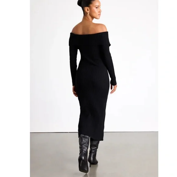 New Lulu’s Elegant Aura Black Off-Shoulder Zip Front Sweater Dress Sz XL - Picture 4 of 7